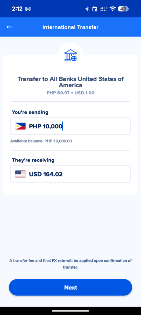 Wise vs GCash international transfer quotes for PHP 10,000 to USD taken at 2:12 am