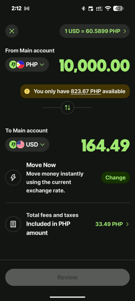 Wise vs GCash international transfer quotes for PHP 10,000 to USD taken at 2:12 am